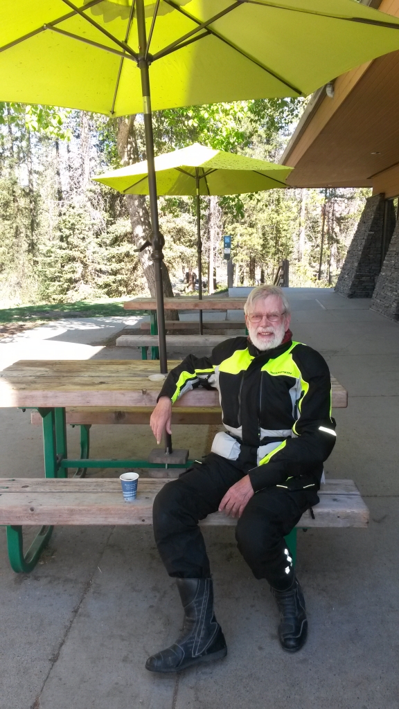 On Day 11 it was a short trek from Radium Hot Springs to Lake Louise, where II enjoyed a coffee and fuel break and a kind tourist snapped this in mid-morning. We then headed up the Icefields Parkway to Jasper.