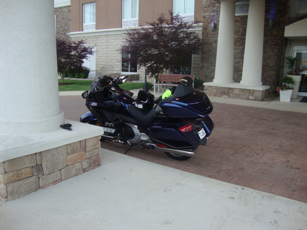 Day 2 was rough, with a lot of rain. Indianapolis was tough: hard rain, poor vision, and heavy speeding truck traffic. At 2 PM (261 miles) I stopped at the Terre Haute IN Holiday Inn Express and stayed for Day 3, persuaded by dramatic forecasts of thunderstorms, hail, lightning, and 60-mph wind gusts for St. Louis, where I'd be heading.