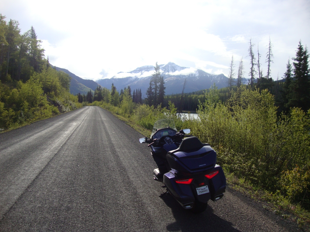 Heading north on Day 14 between Bell 2 and Dease Lake; this looks like what was called "Loose Gravel." The Wing and I enjoyed nice lunches at Dease Lake: I the usual grilled cheese, it Regular.