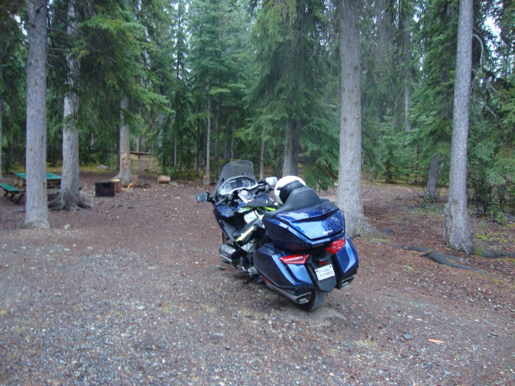 My 15th night was again at Pine Lake, just east of Haines Junction, Site 9. Curt again camped across the road. On the morning of Day 16 we're ready to pull out, and the day was difficult, with heavy rain between Destruction Bay and Beaver Creek YT provoking me to seek shelter in a campground privy. But US Customs went smoothly, as did the final section to Tok AK.