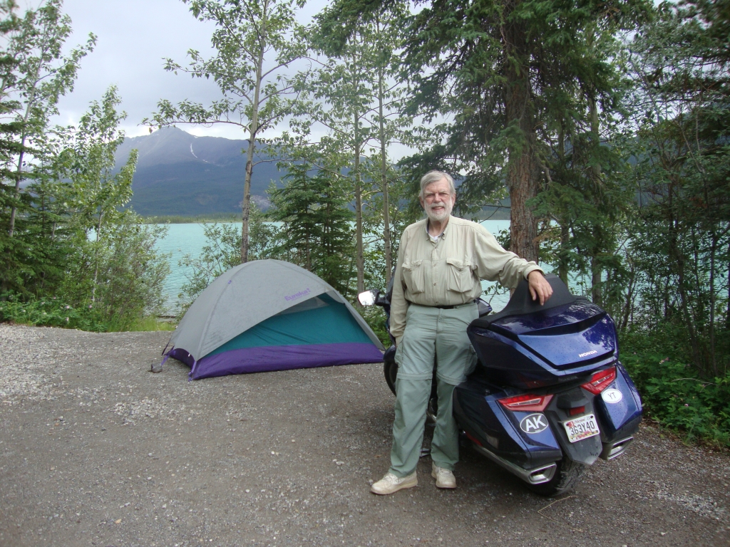 At 11 AM I holed up at the tony Northern Rockies Lodge on Muncho Lake to escape rain. When it abated I headed out and came to this delightful Strawberry Flats Provincial Campground about 5 minutes later. Only 209 miles today; I felt like kind of a bum but had plenty of time before my Edmonton tire appointment. 