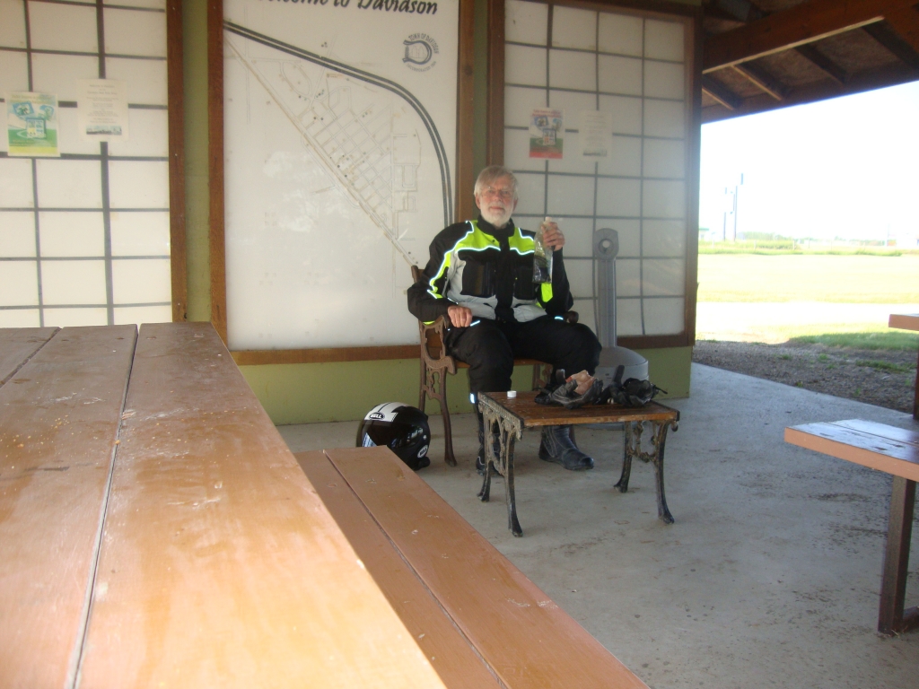 On Day 10 (July 6), around 8:30 AM, I stopped at this pleasant small-town rest stop in Davidson SK, enjoying tiny muffins and coffee saved from a hotel. We're about half-way between Saskatoon and Regina.