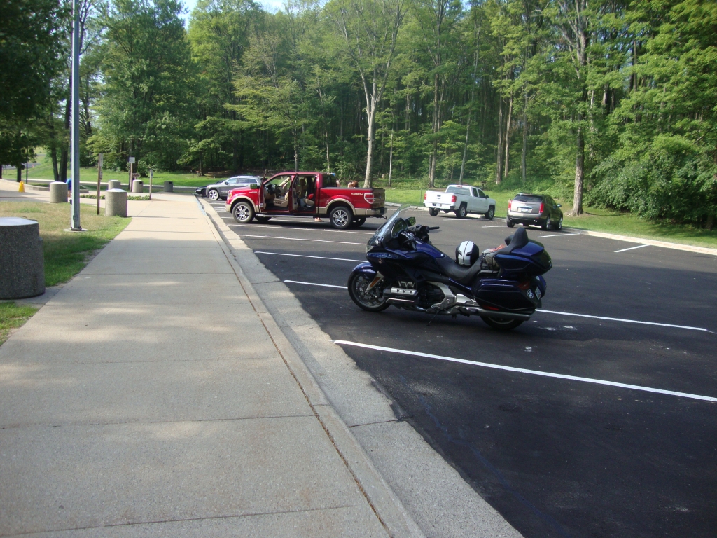 Day 13, July 9: About 4:30 PM yesterday we crossed the border and spent Night 12 at Sault Ste. Marie MI's Comfort Inn. Early this morning we rode the metal-grid lane of the famous Mackinac Bridge, then paused at this pleasant I-75 rest stop. My 13th night, the last on the road, was at a Motel 6 in Richfield OH.