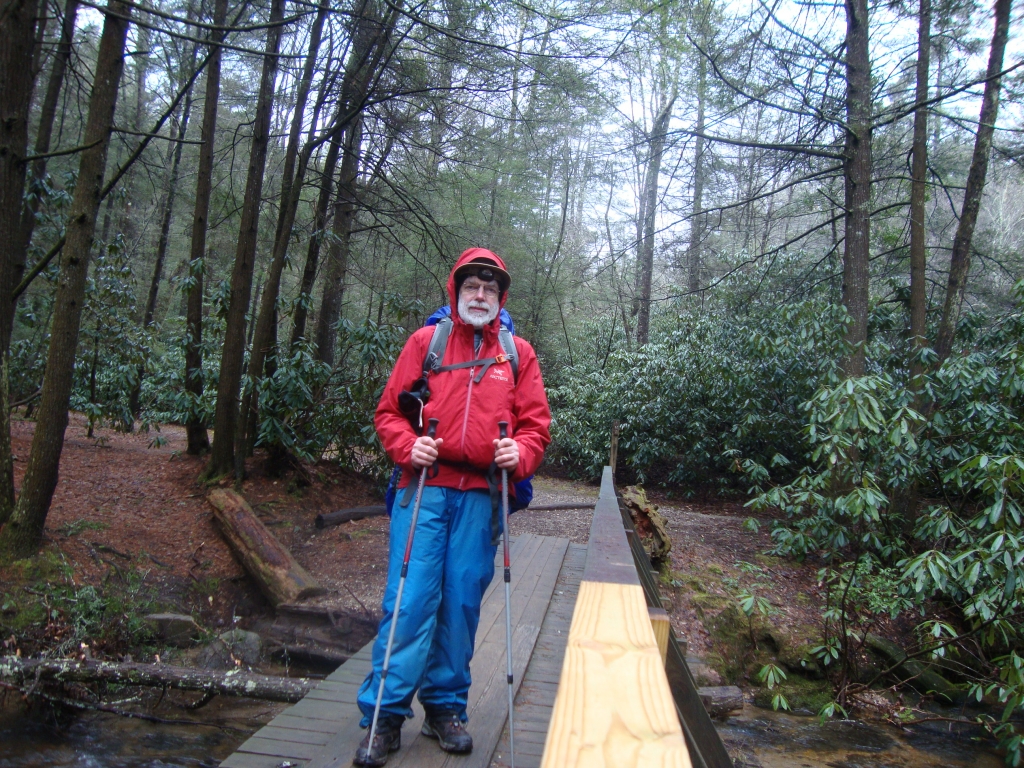 Three Forks, 9:36 AM, March 12 (Day 2). It was cold at Stover Creek last night, probably in the 20s, and my rain gear (on this bright, sunny morning) is protection against the cold, blustery wind. 