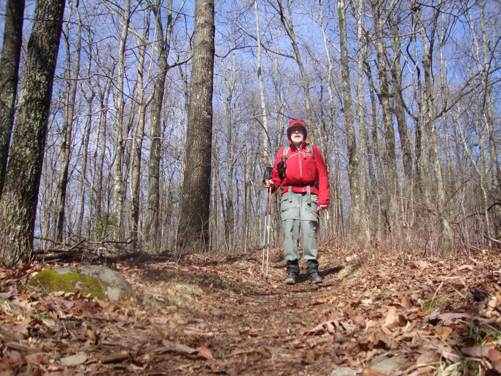 At 11:23 AM, this pleasant trail is between Shed Cemetery Road and the Hawk Mountain Shelter. Despite the bright sun it's still chilly enough to warrant the rain jacket, though the rain pants have been stowed.