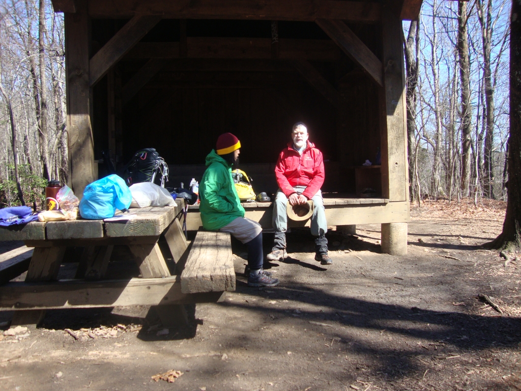At noon on day 2,  lunch at Hawk Mountain Shelter with Herb (later, "Two Sticks"), beside whom I'd slept at Stover Creek. We spent our second night at Gooch Mountain Shelter.