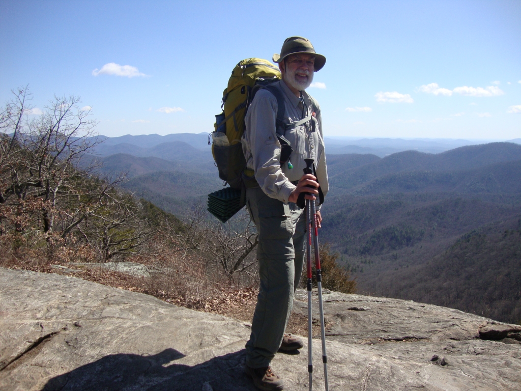 These photos were taken by a nice young couple I'd met at Woody Gap. With them was a dog sporting panniers. It was 10.6 miles from Woody to Neel Gap, so (at my pace) Neel is now probably 9.3 miles ahead.
