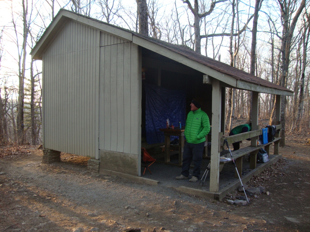 Here's the Blue Mountain Shelter itself, with Blackhawk Bob in the green jacket. I slept between Duct Tape and Chino, with a couple Bottle Cap (man) and Fun Size (woman) to Chino's left. (Bob was tenting.)