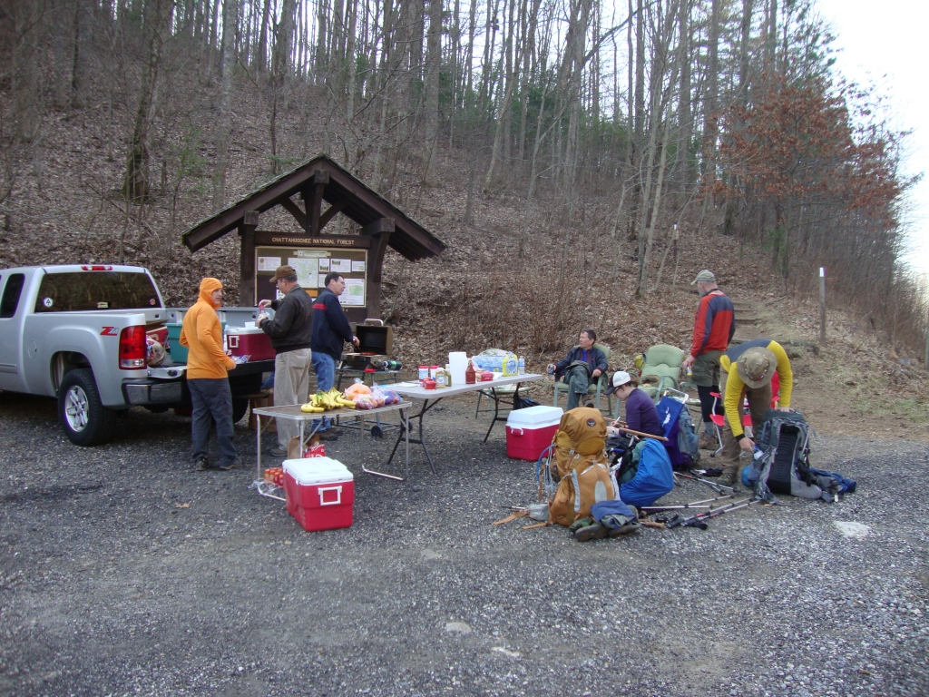 On March 16, my 6th day, I left Blue Mountain Shelter about 8:20 AM. Half an hour later I met the charming Slow But Sure and her husband, Because of Her. At 10 AM I reached my first "Trail Magic," provided once a year by Dave, Andrew, and Bob, at the large Unicoi Gap parking area. I enjoyed fruit, soft drinks, and hot-dog rolls with relish! 