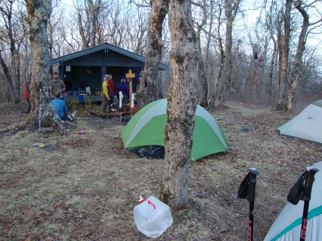 Tray Mountain Shelter, where I spent my 6th night (March 16). There were many hikers tenting, including Blackhawk Bob and Bottle Cap/Fun Size, and several using hammocks behind the shelter. I arrived about 4:00 PM, and pulled out at 8:45 the following morning.