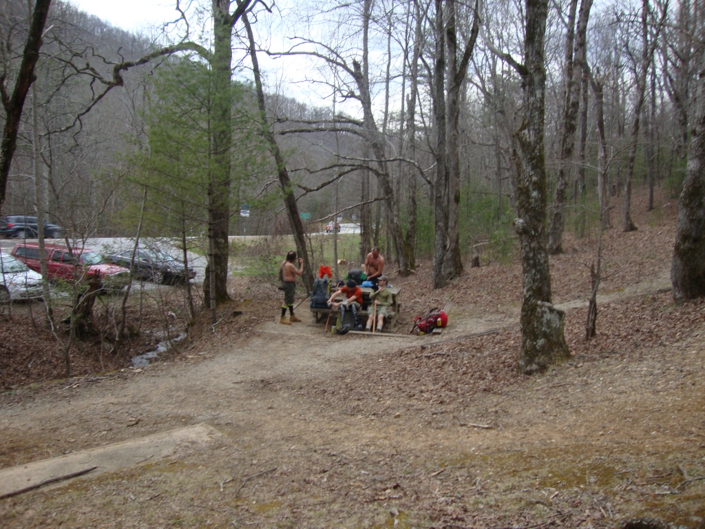 Dicks Creek Gap came along at 3:24 PM. Backtrack, left, had passed me twice that afternoon; he'd taken a short break at Deep Gap Shelter. Blackhawk Bob, right, arrived ten minutes later. Both were headed for Hiawassee. After Backtrack kindly filtered two liters of water for me, I headed out at 3:47, bound for the Plumorchard Gap Shelter.