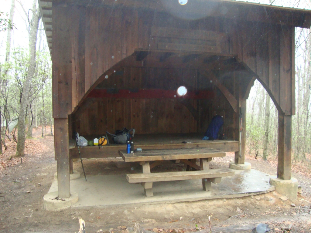 I had this unique 14-person shelter all to myself the night of March 17, my 7th night out. Josh and Rooster, who'd taken a zero day to allow his dog Bangarang to rest, were using hammocks behind the shelter.