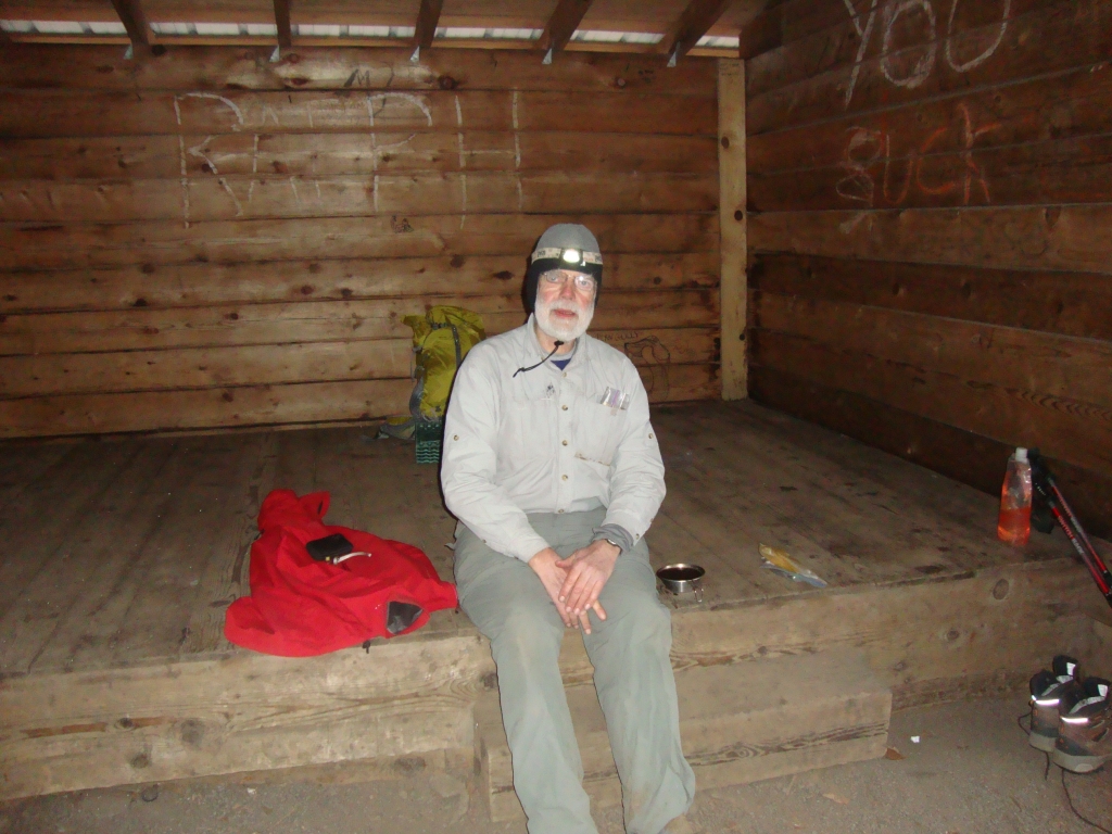 Carter Gap Shelter, where I arrived about 3:30 PM. Mozyin and I shared it that cold night, with Phoenix (a pleasant young man) tenting nearby. This shot is about 8:00 AM, Wednesday March 20; Mozyin, despite his modest name, was a pretty good mover and has already departed.