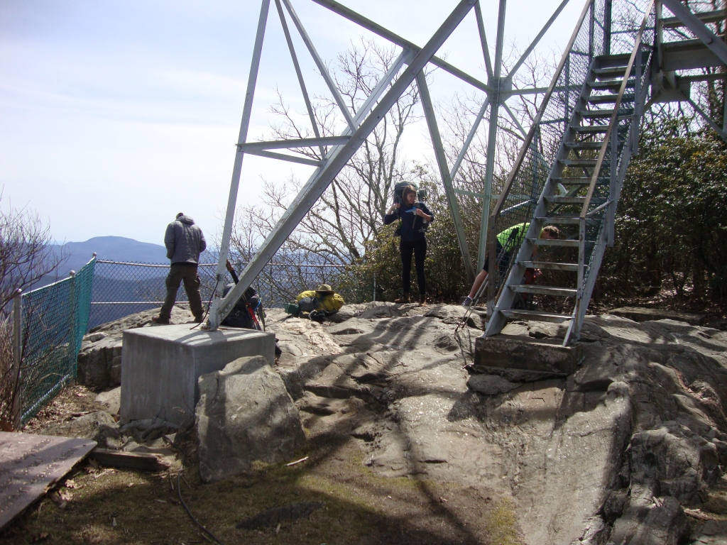 This is the small group (besides me, the photographer!) at the base of the Albert Mountain fire tower, 1:10 PM on Wednesday March 20. 