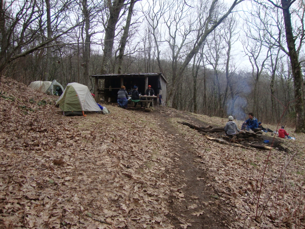 I left Rock Gap shortly before 10:00 AM and reached the wide parking area and highway at Winding Stair Gap two hours later. At 2:20 PM, I arrived at this Siler Bald Shelter, already occupied by a group of six hikers, probably all in their  twenties. I was person #7 in this 8-capacity shelter.