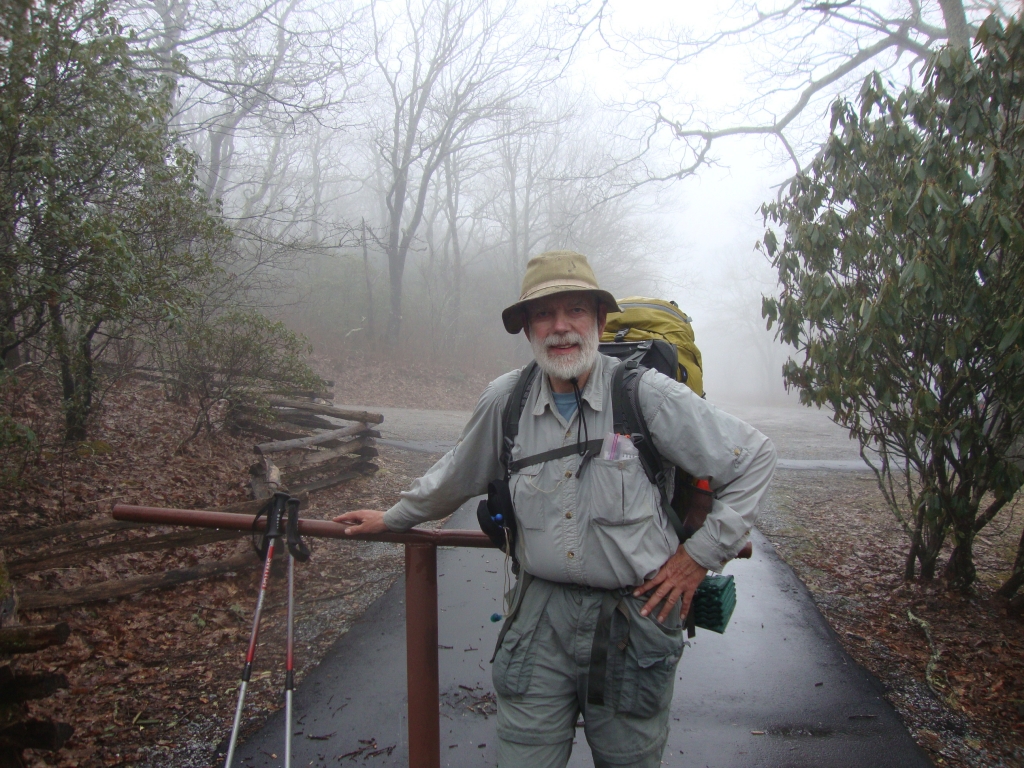 I left the Siler Bald Shelter about 8:30 AM and spent the morning walking in this heavy mist. This 12:45 photo, near the Wayah Bald summit, was snapped by Cinnamon, one of the young Siler Bald group; he'd been slowed by persistent trouble with heel blisters.