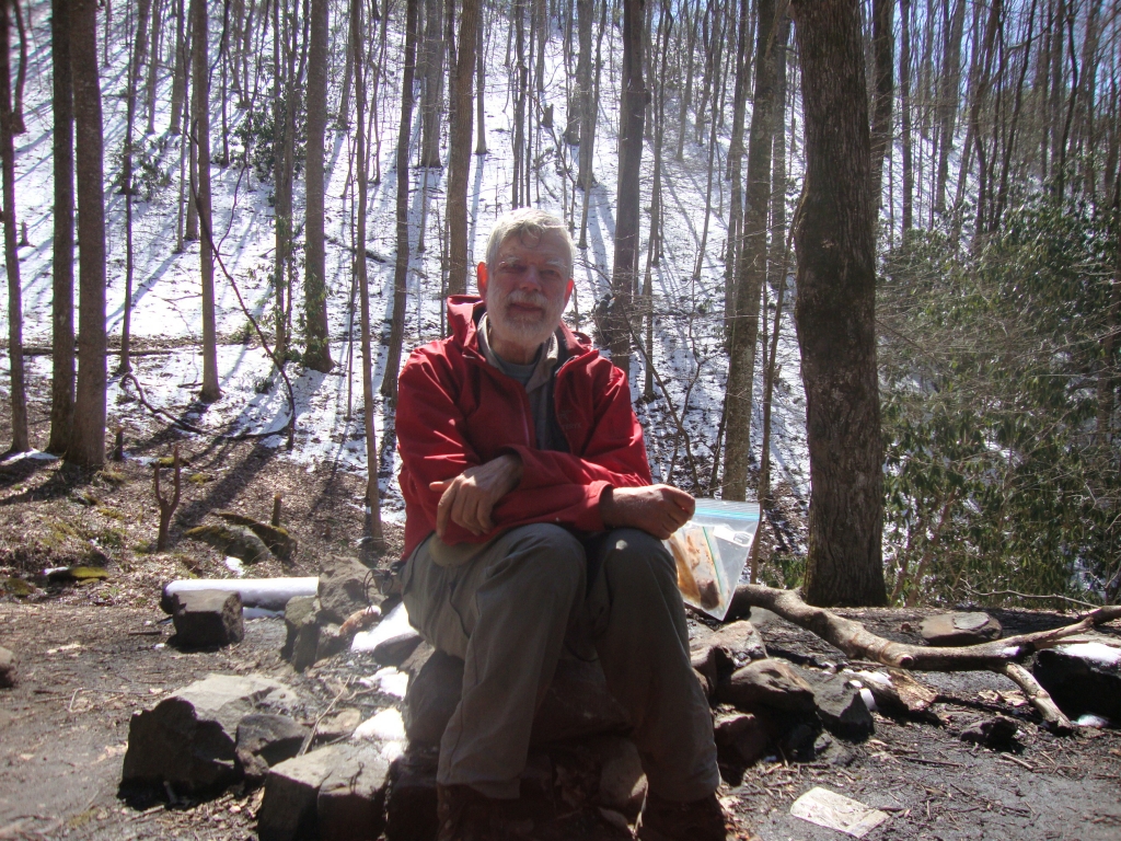 This lunch stop, Thursday at 12:30 PM, was at the Cable Gap Shelter. I'd rolled into Brown Fork Gap Shelter yesterday at 3:45 PM, finding only Tallulah. We enjoyed conversation, but the shelter quickly filled up for a cold night (though water didn't freeze).