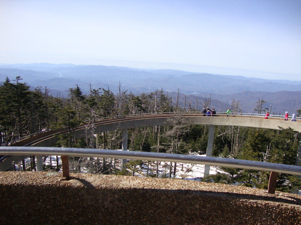 Looking roughly S, this shows the long, curved access ramp to the futuristic tower.