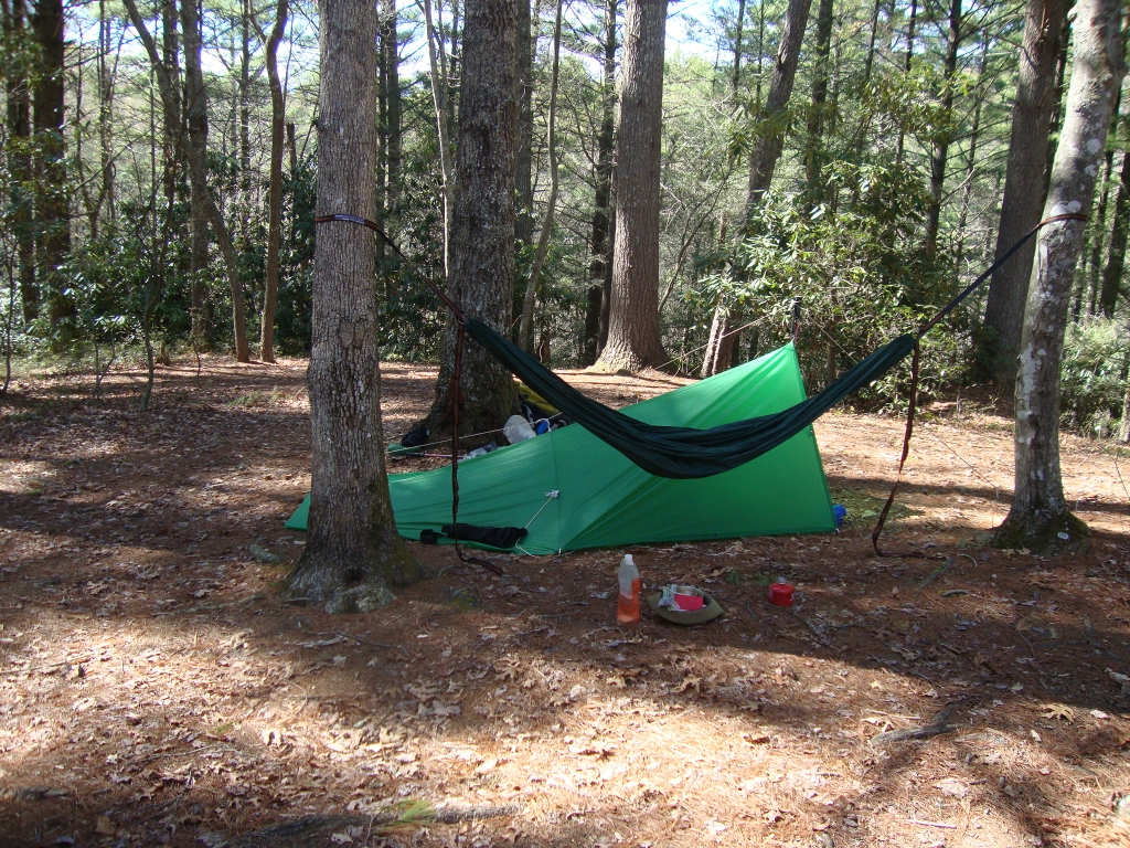 Great campsite! Level, pine needle padding, lots of nice trees and space. Salsa and Twix tented nearby, as did Wooden Spoon with her tarp.
