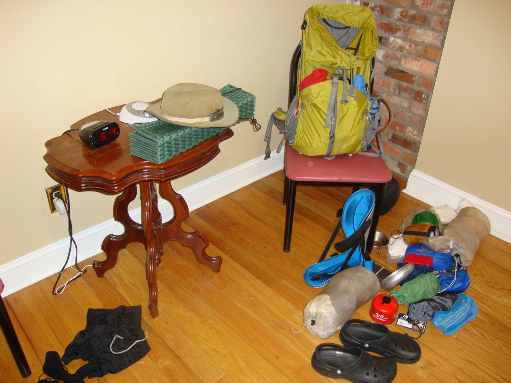Assembling the pack, 6:13 AM Tuesday April 16, at the Iron Horse, Hot Springs NC.