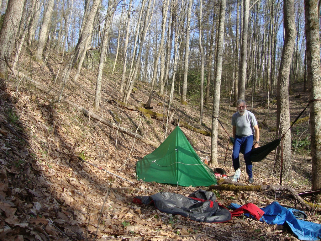I'd passed the shelter about 3:30 and arrived at this great site about an hour later; I think it's 1.2 mi N of the shelter. I'm trying for a photo of myself in the hammock, in this 6PM shot.