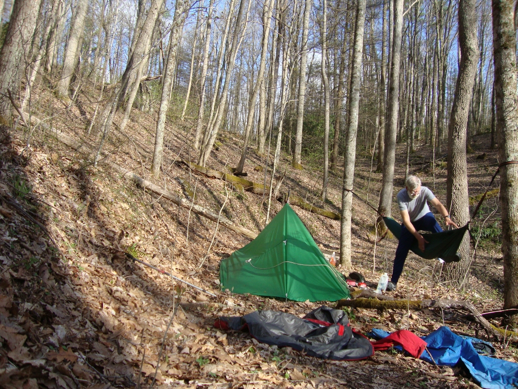 Hustling back after setting my 10-second timer, my left leg didn't quite make it over the hammock and I wound up dumped on the ground at the right of this photo. Since I wasn't hurt, it was pretty funny.