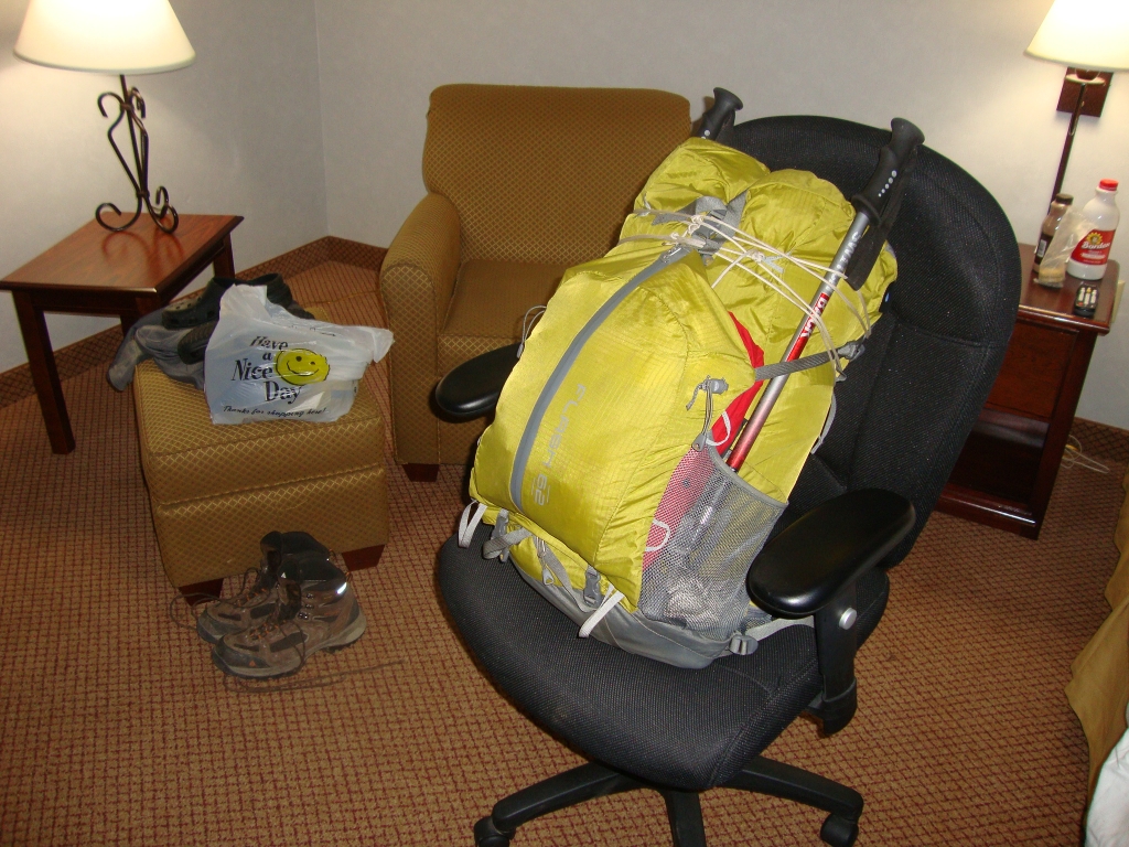 At 7AM Monday morning, in the Erwin TN Holiday Inn Express on April 22 2013, my pack is ready for the flight from Asheville home. Moonshiner and his wife, on their way for a couple of weeks in Florida, dropped me at the airport.