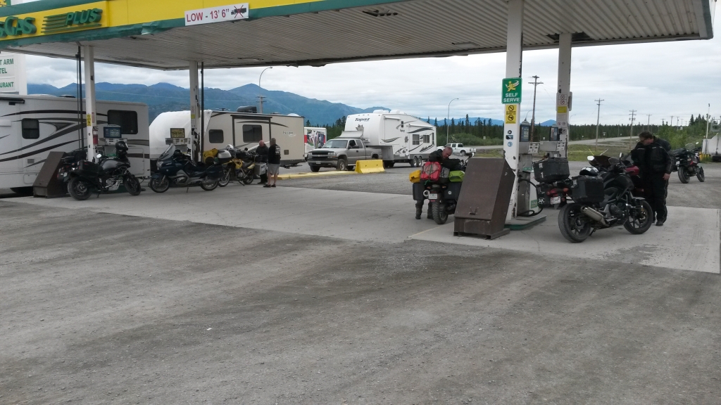 Day 2: Refueling at the Destruction Bay YT station I'd unwisely bypassed on the trip north; showing all the motorcycles. The 700X is in the right foreground.