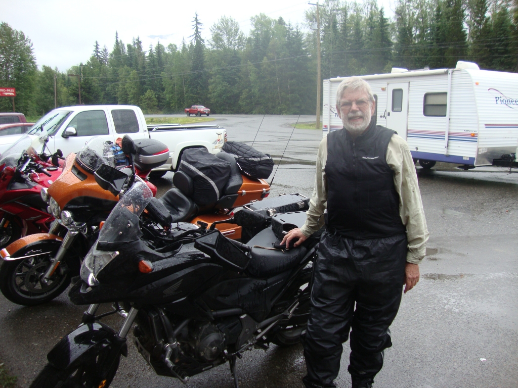 Day 5: Many bikers were enjoying a stop at the 37-16 intersection. Rough morning from Bell 2 in light rain. Construction's black unmarked loose gravel and poor visibility were far too stressful for me to consider photos. I followed an RV, figuring he could see where the road was.