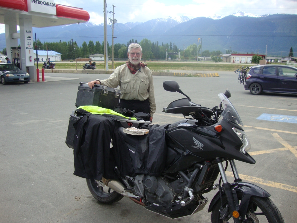Day 6: Moving east along the Yellowhead, I refueled at McBride with the Rockies coming into view. It's July 2, about 12:45 PM PDT.