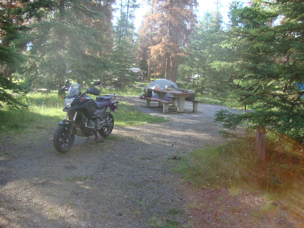 Lots of people at Whistler, lots of kids, but quiet hours were respected and I had a restful night. I met a woman riding what I thought was a BMW, but it was a Ural Russian clone. She and her companion had only ridden from Edmonton.
