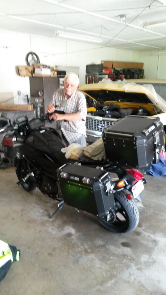 Night 1, Meadville PA: We (the bike and I) arrived as expected at 4PM. I'd been unable to keep the right mirror and handguard tight (either, but not both) so Bob applied his mechanic and street-rod expertise for a workable solution. It was a great, if short, visit with him and Aggie at their pleasant home.