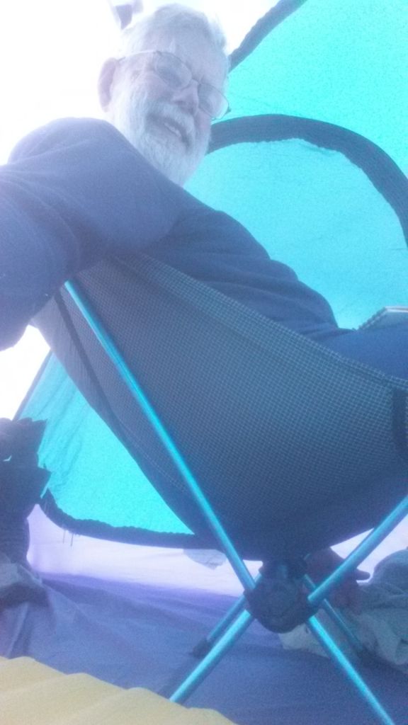 Night 9, at Yoho BC Prov Park: The Helinox chair was comfortable inside the tent, away from wind and mosquitoes. This park is north and west, along Rt 1 toward Golden BC, from Lake Louise. I rode past it on the Super Hawk in 1965.
