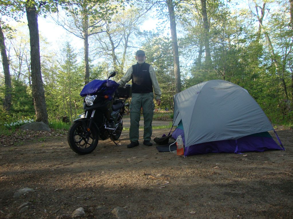 Day 3, packing to leave Oastler: That heated vest was wonderful; I used it and heated grips (and my rain jacket) on this chilly overcast day. Lunch at McKerrow and another at Sault Ste. Marie, then a second nice Provincial Park at Pancake Bay.  
