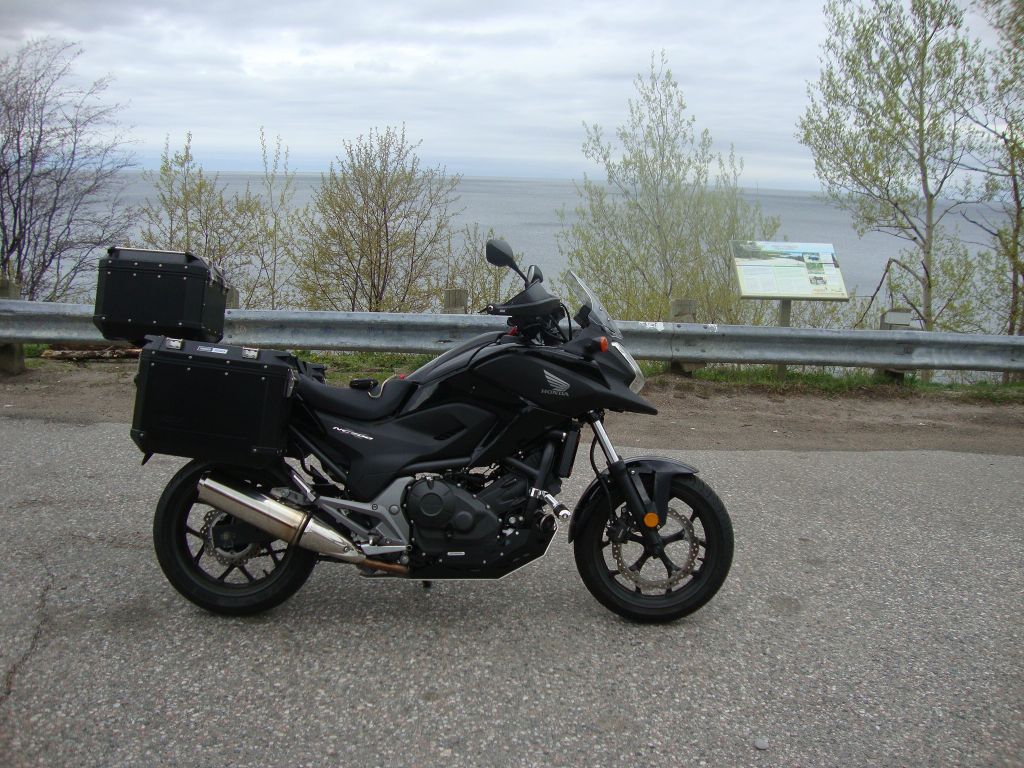 Day 4, shortened by fog: Half an hour out of Pancake, I'd also photographed this overlook in 2010. Tough day! I blew a vest fuse in Wawa and though there was some rain it was dense fog that halted my day at 2:30 PM at a Marathon motel.