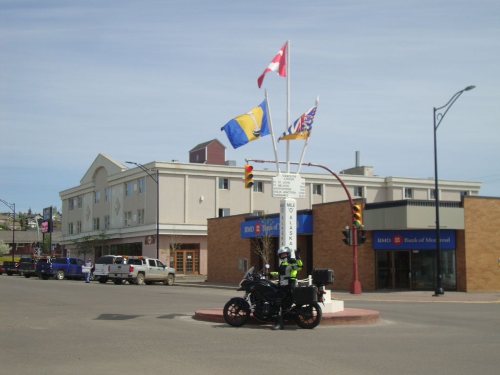 Day 11, the Zero Milepost! I reached this famous Dawson Creek BC post around noon, after an easy morning (despite more heavy trucks) to Grande Prairie and then to Dawson Creek. A 2010 photo got the post, but the pickup truck was parked elsewhere.