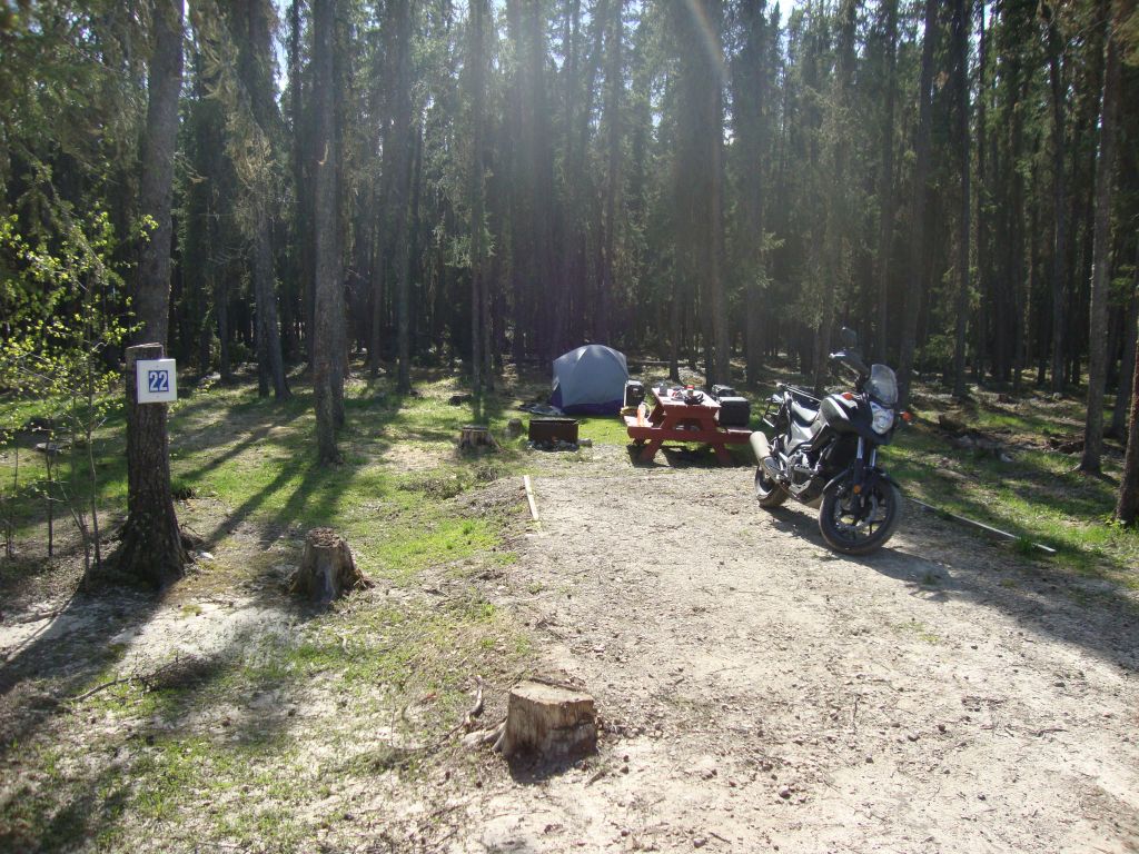 Night 11, Pink Mountain BC: Late Sunday afternoon, May 28, I landed at Site 22 of this private campground ($20). The nice shower and laundry building had the campground's only toilets.