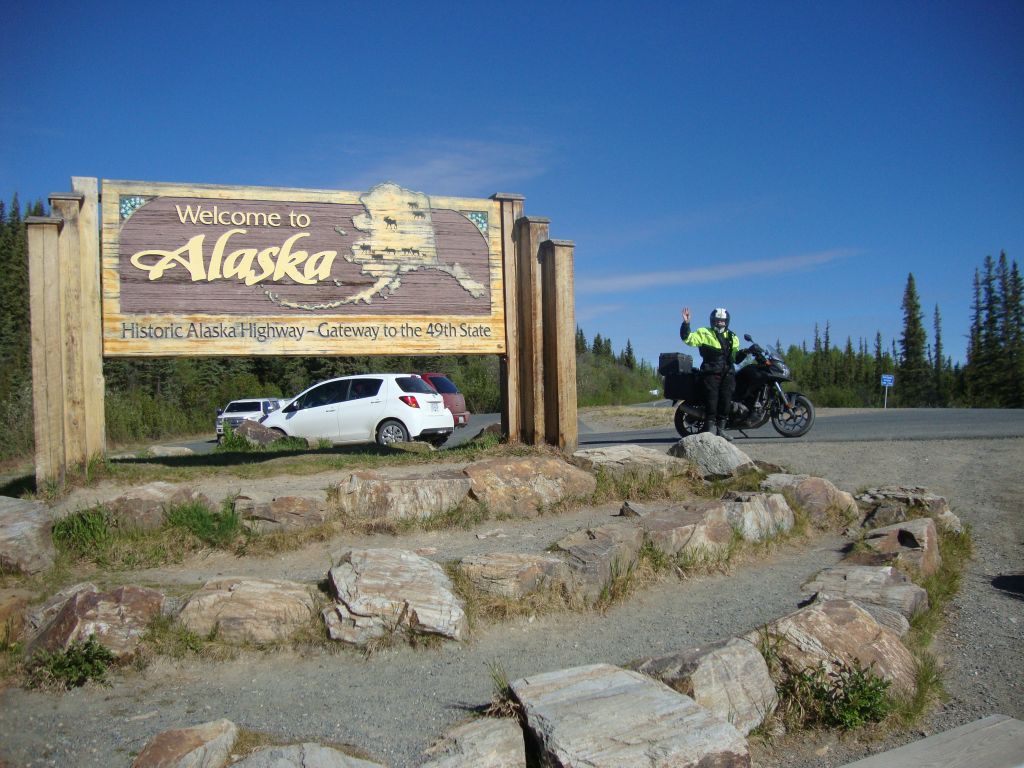 Day 15, Alaska at last! This sign is a few hundred yards east of the American customs point. I thought I left Cottonwood at 7:30 but had missed a zone change (6:30), and entering AK bought yet another hour.