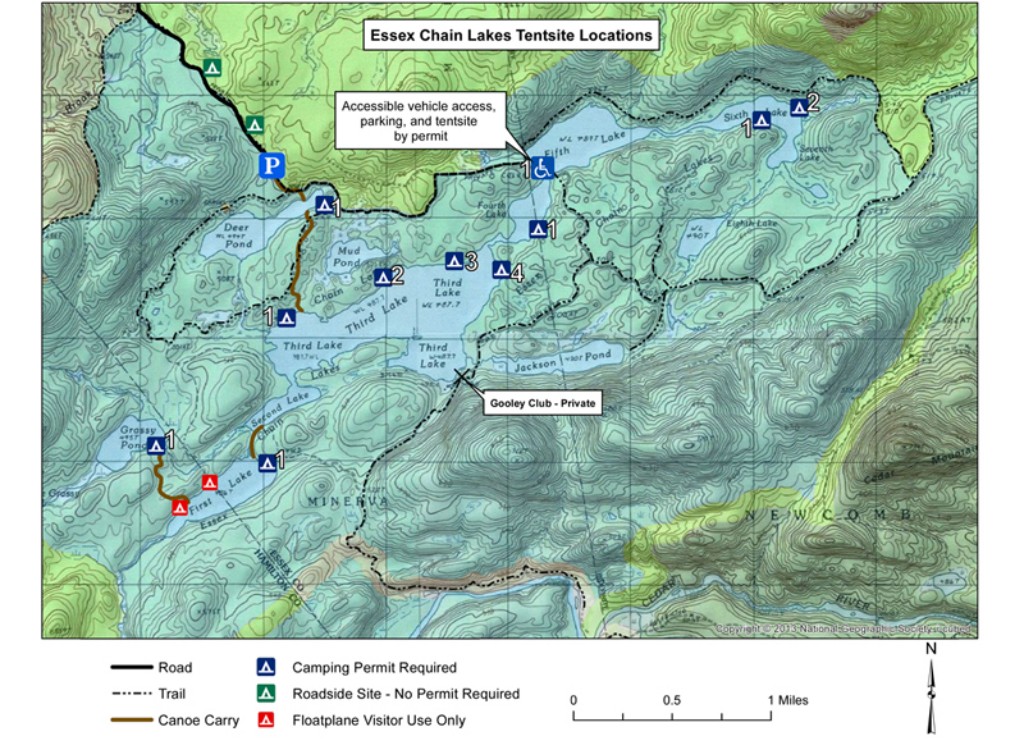 Canoe carries are shown in brown. Deer Pond parking to Pond, Deer Pond to Third Lake, Second to First Lakes, First Lake to Grassy Pond.