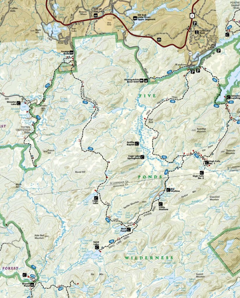 My new (well, 2012) Toyota Tacoma pickup took me from my Newcomb camp to a parking area on Wanakena's South Shore Road, near the trailhead. An easy walk brought me to the High Falls #1 Leanto around dinnertime. Satisfactory Day #1!