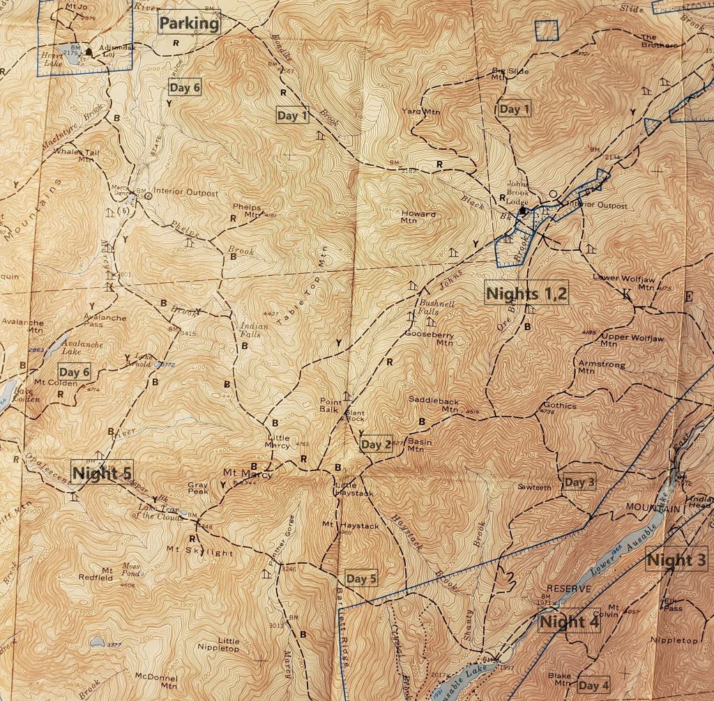 The 5 nights of this 6-day hike are shown in bold, with one text box identifying each day's trek, enough -- I hope -- to infer the whole day. Big Slide, Sawteeth, Blake, and Colden completed my 46.
Map: "Trails of the Adirondack High Peaks Region,"  Adirondack Mountain Club
