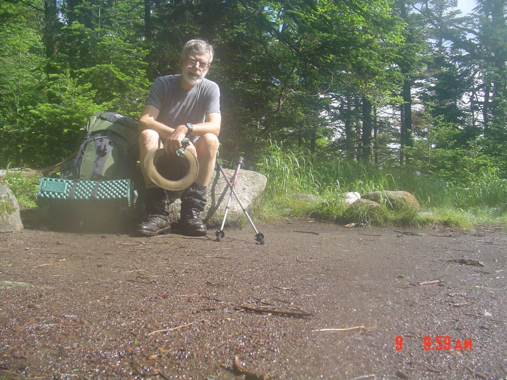 On my 3rd day I left Orebed Brook Leanto and, with my full pack, started up the red streambed at 8:00 AM. I took a break at this col about 10 AM: Turn left for Gothics (east), right for Saddleback (west). I turned east.