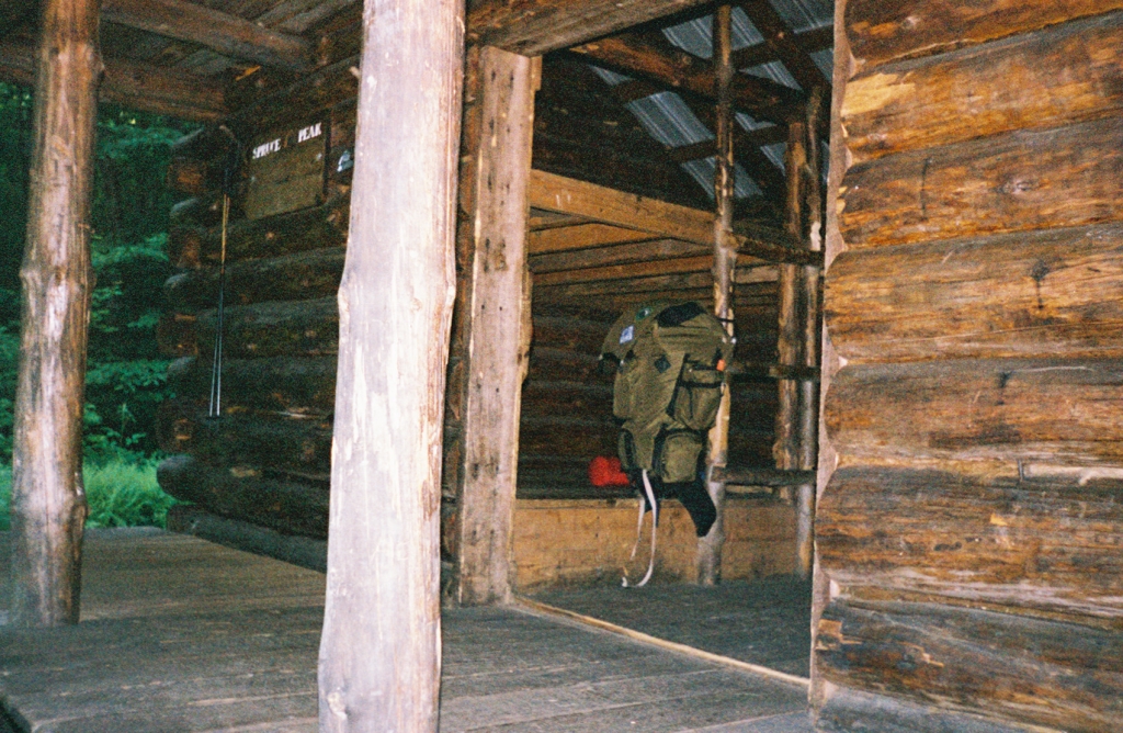 I arrived at Spruce Peak Shelter about 3:00 PM. Nice! Sheet-iron stove, glass windows, sliding door. I had it to myself that night, my 5th.