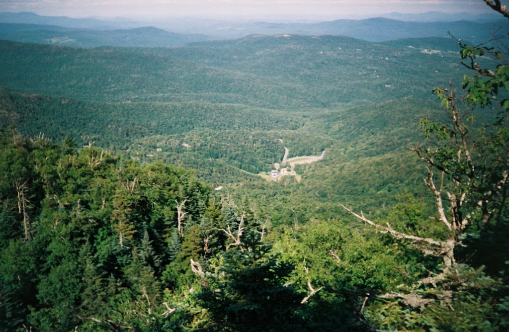 At 3:35 PM I depacked at the little Theron Dean Shelter and took this view of the Mad River Glen headquarters. Camel's Hump is to the left (north).