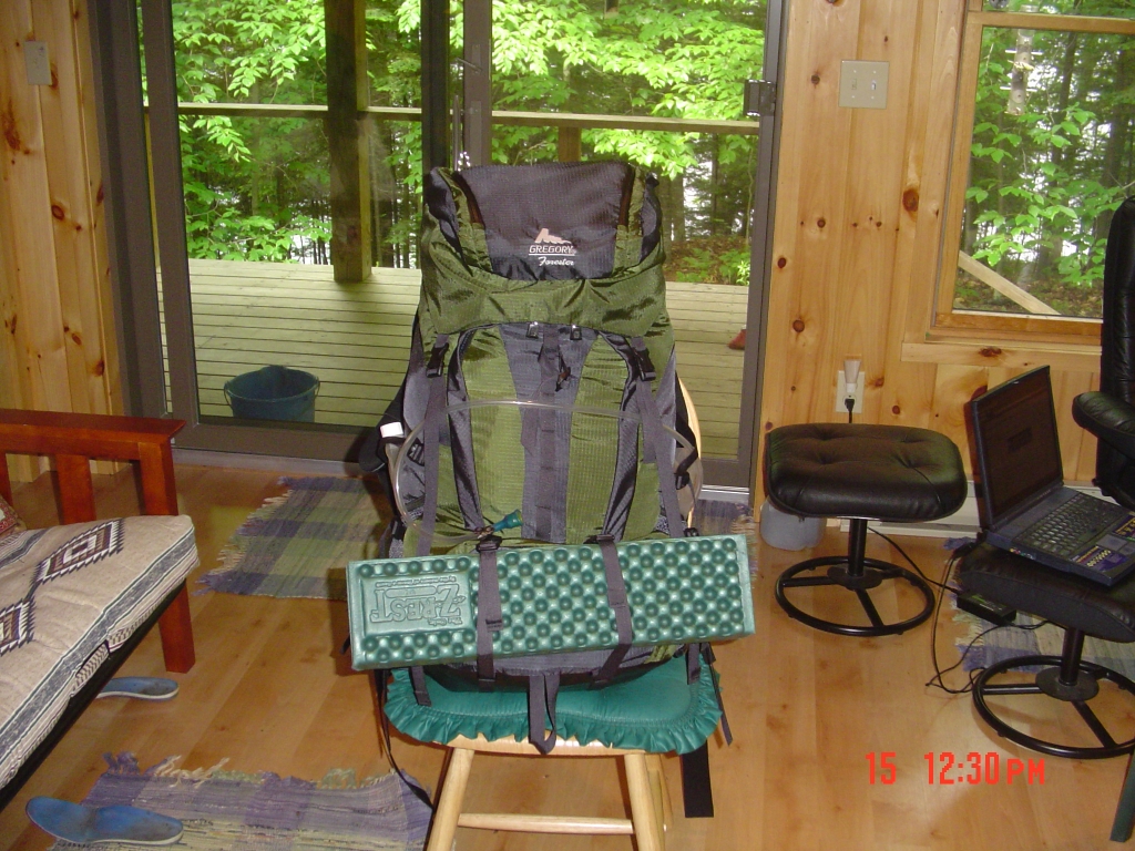 A week later: I've replaced last year's external-frame Kelty with a Gregory Forester, and am packed for the northern 85 miles of Long Trail: June 15, 2005