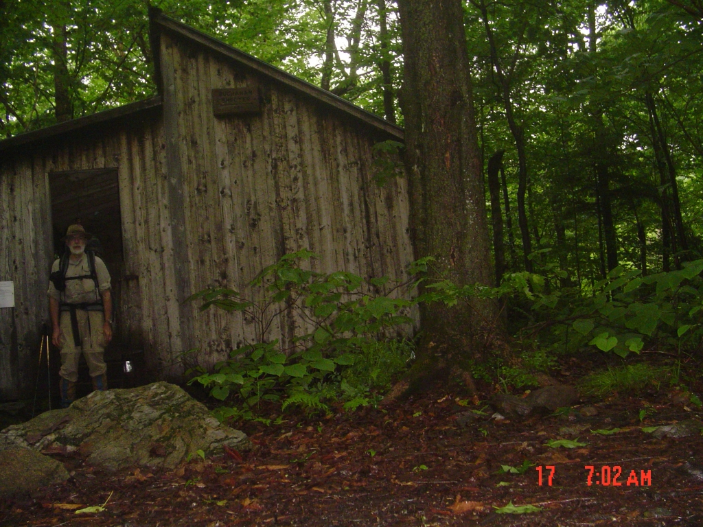 I rolled into Buchanan Shelter at 2:45 PM and stayed the night of June 16 (Thursday), joined by a fast-moving young couple. This dark shot is the next morning.