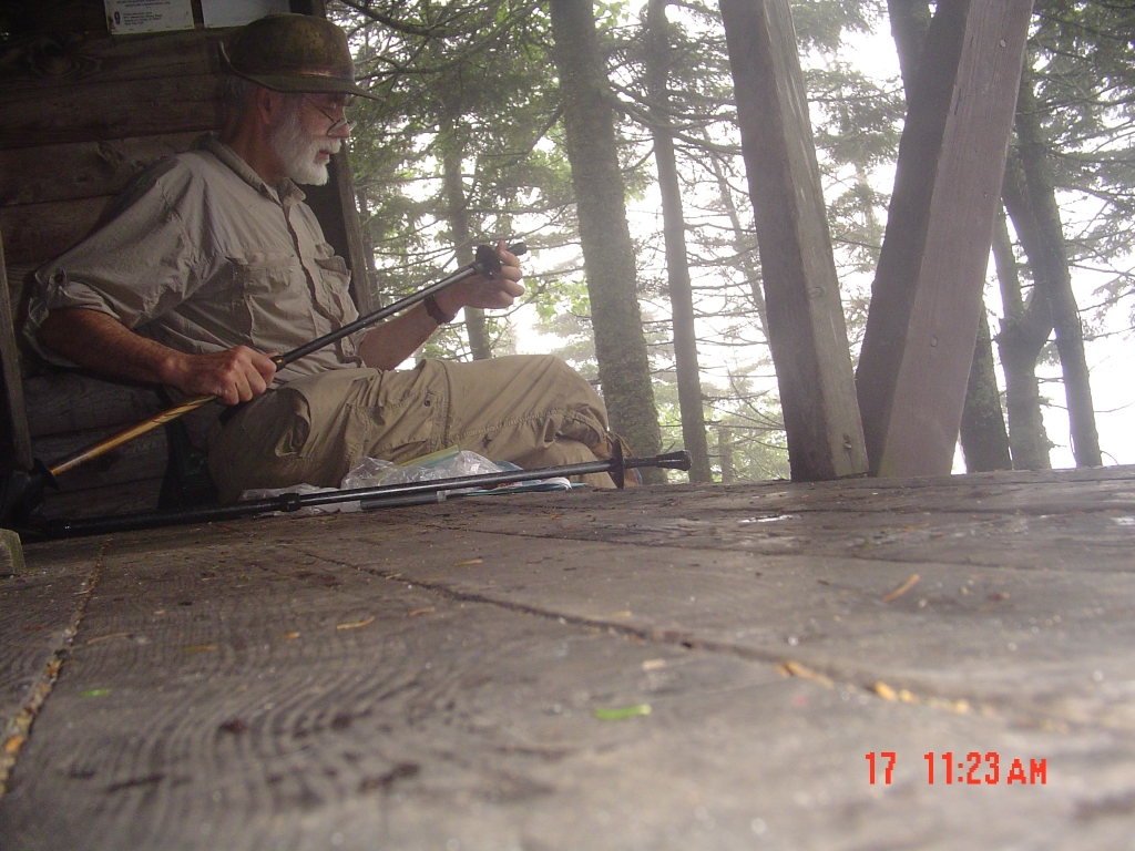 At 11:23 AM I fell on a wet, slippery root and snapped one of my Trek-R-3 poles. Here, at Puffer Shelter, I worked on it and had lunch.