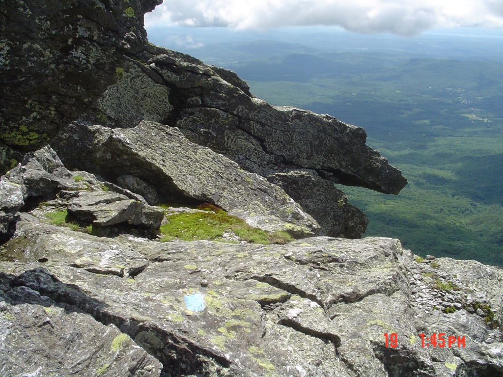 Blue blazes; spectacular western views, including Champlain. Caution was required here!