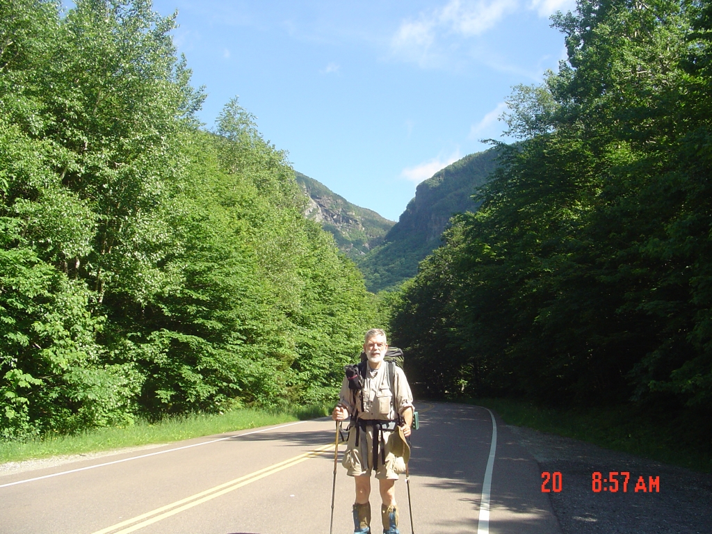 I passed through Smuggler's Notch about 10 AM, Monday June 20 2005, my 5th day out. Photo by a couple of med students. 