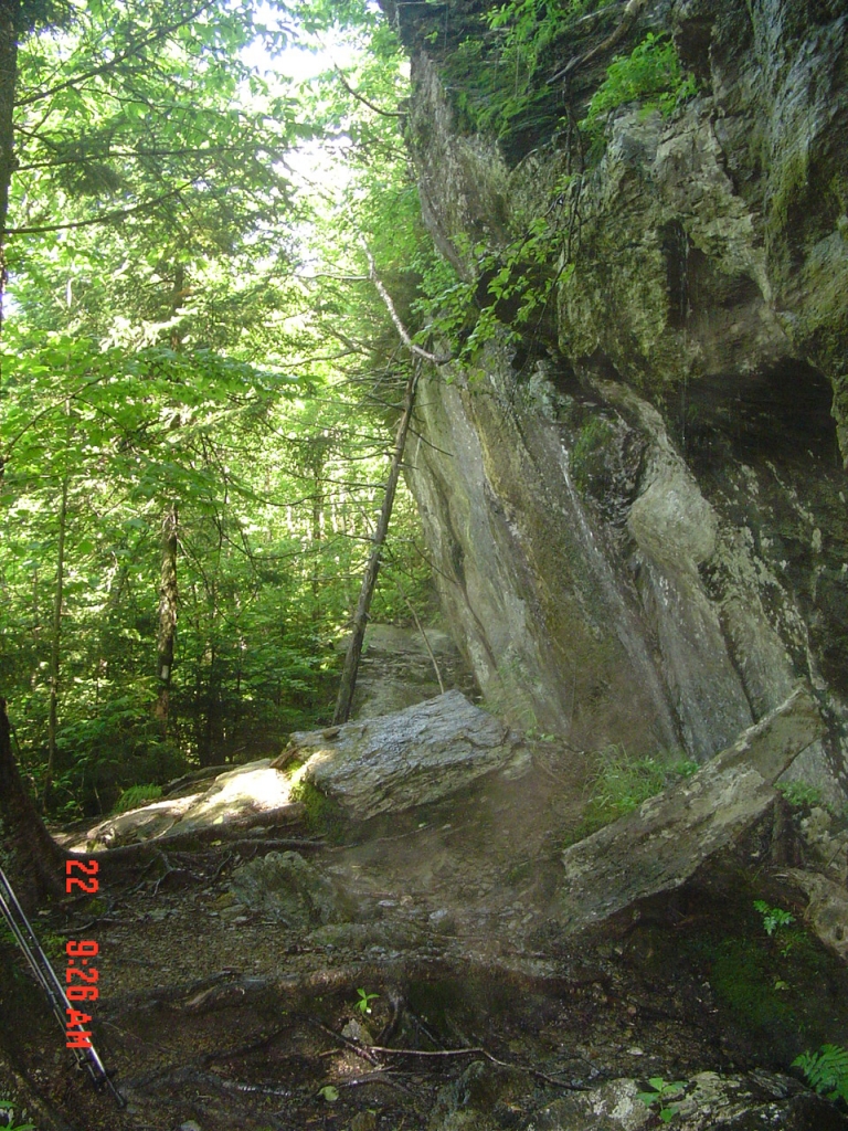 I left Roundtop Shelter at 7:00 AM Wednesday (my day 7), passed trees connected with nylon tubing I later learned was for maple sap, and reached this Laraway overhang about 10:30 AM. 